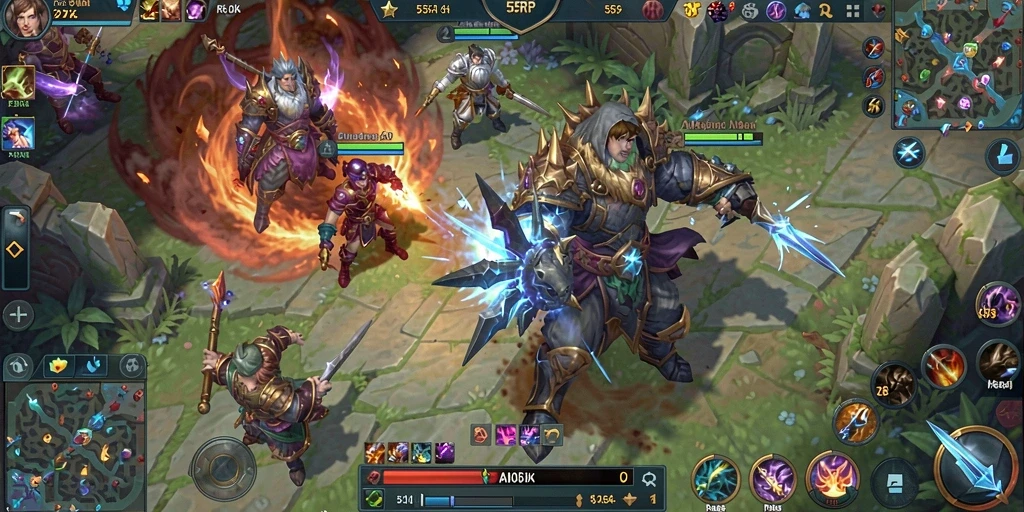 Tampilan gameplay seru dari 55RP dengan pertarungan pahlawan.
