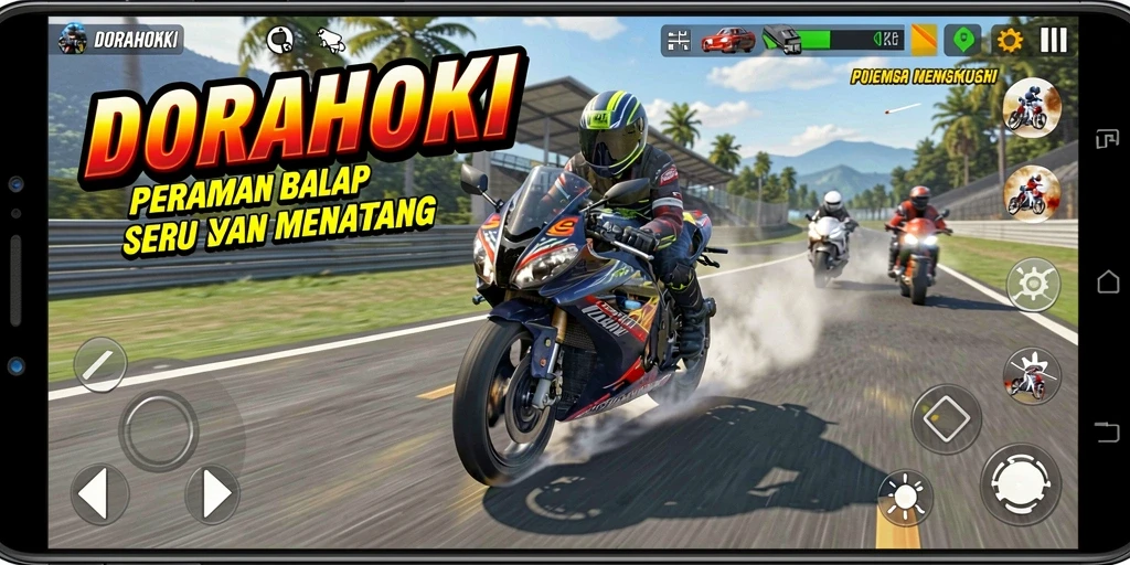 Gameplay DORAHOKI yang mendebarkan dengan motor yang melaju kencang.