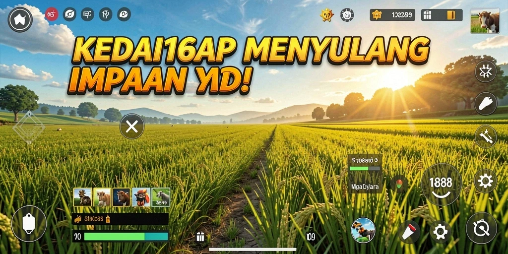 Screenshot gameplay KEDAI168 menampilkan ladang yang subur dan penuh tanaman.