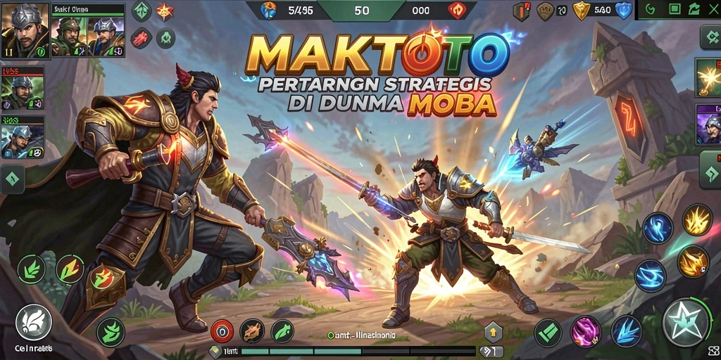 Screenshot utama gameplay MOBA yang mendebarkan.