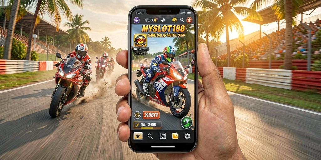 Tampilan gameplay menegangkan dalam MYSLOT188 saat balapan motor di lintasan.