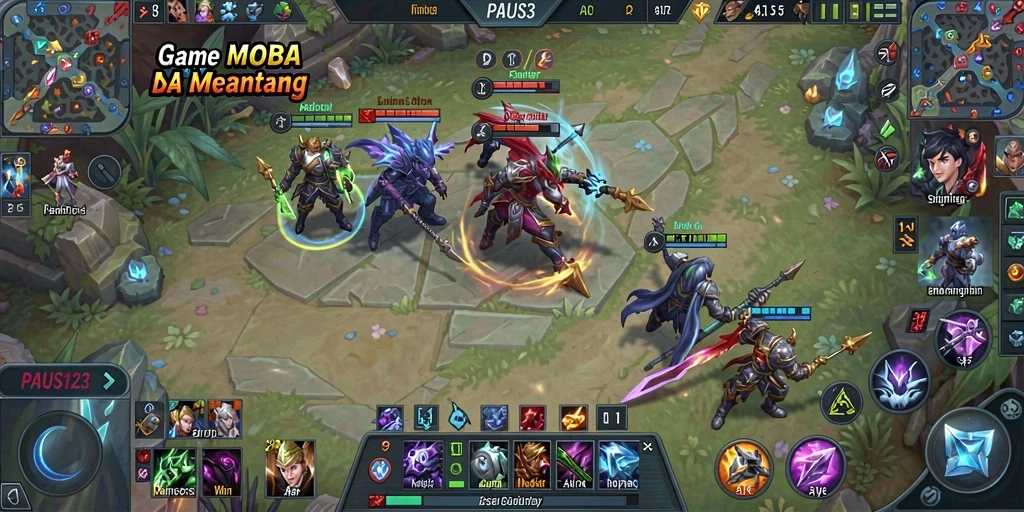 Tampilan gameplay intens dalam permainan MOBA PAUS123.